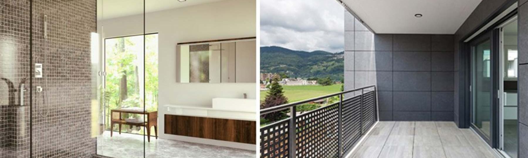A split-view image of a residential bathroom and balcony