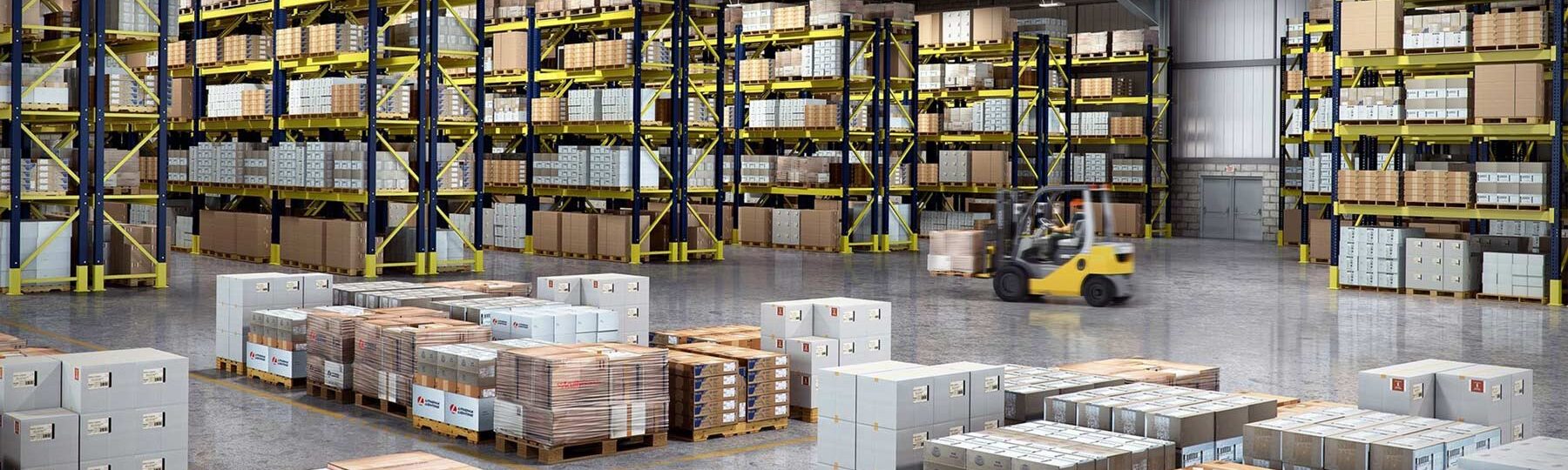 Boxes stacked on shelves inside a large warehouse