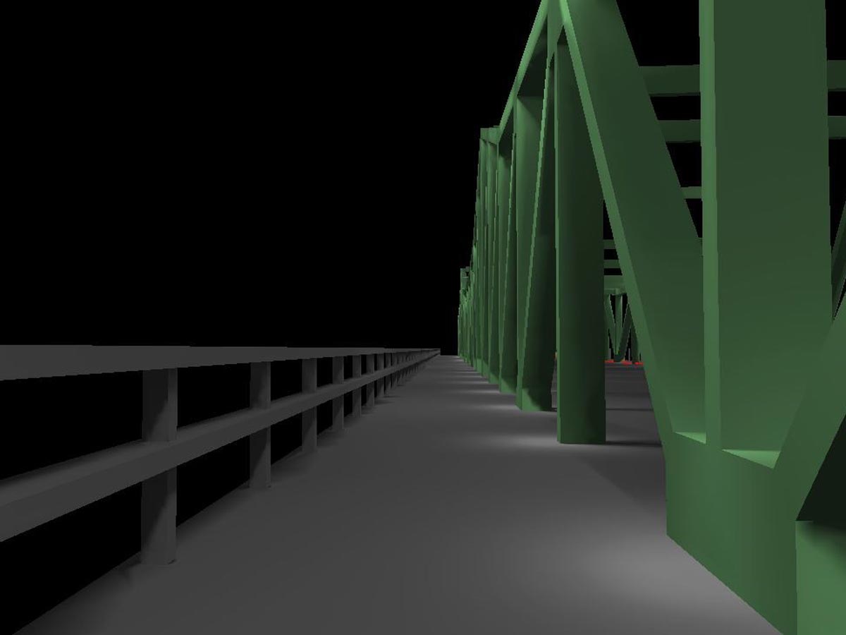 A walkway view of a 3D modeled lighting layout plan for a bridge