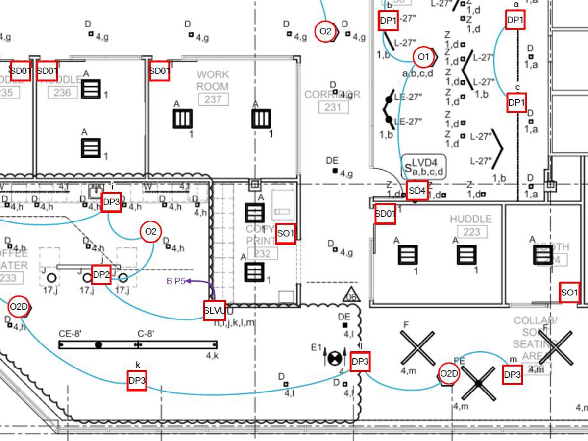 A lighting controls layout overlayed onto a standard engineering drawing.